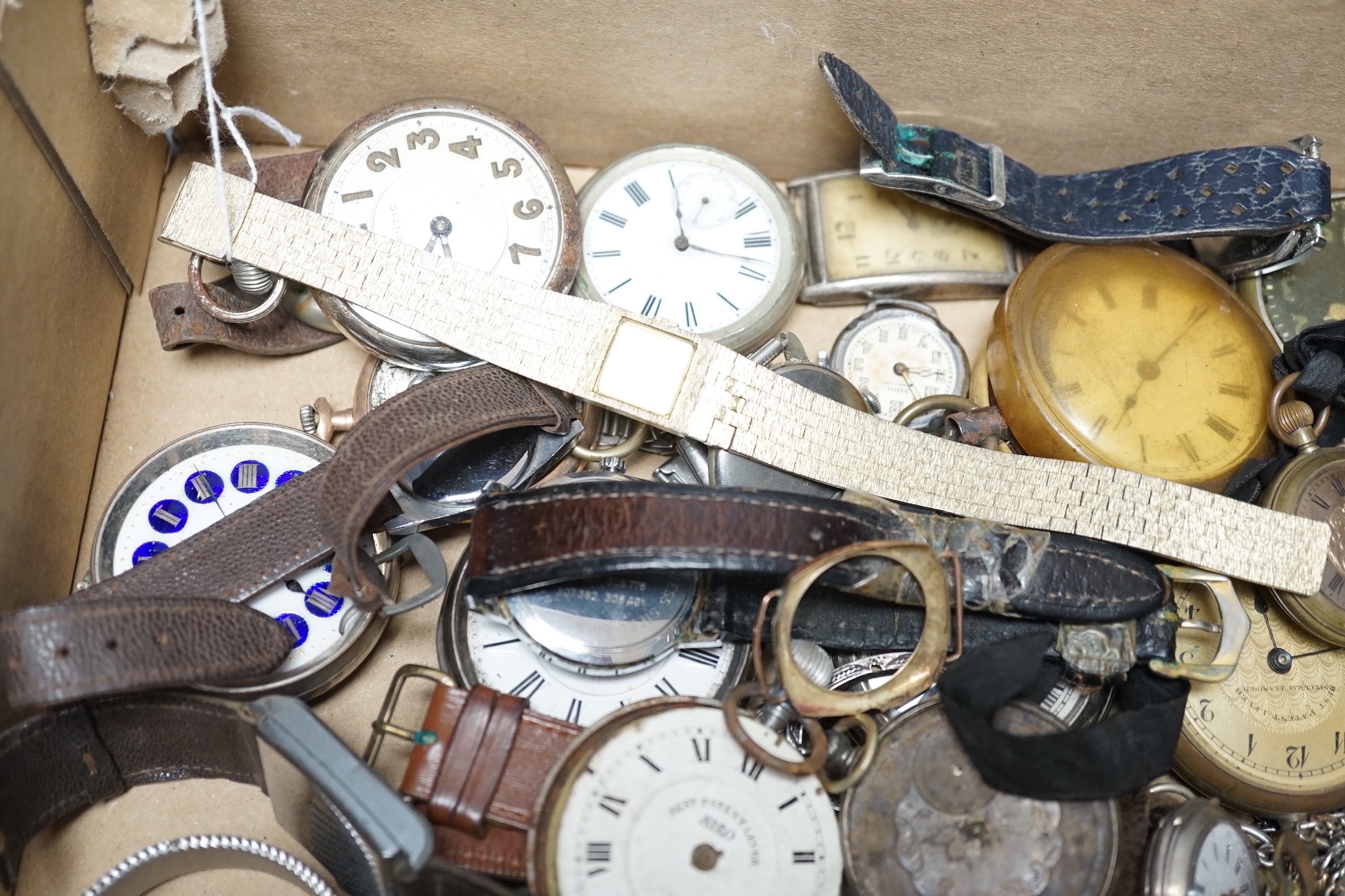 A collection of assorted wrist and pocket watches, mostly a.f. including an 18k Swiss chronograph wrist watch.